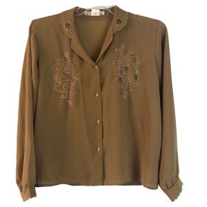 Changing Scene Vintage Blouse Sz 14 Brown Embroidered Scallop Eyelet Long Sleeve